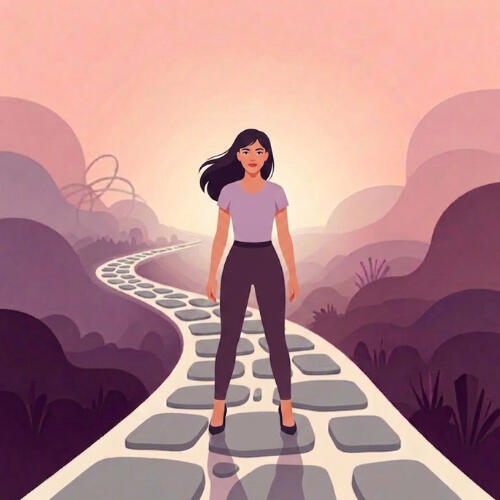 Illustration of a woman walking a stone path toward a bright horizon