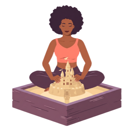 Illustration of a woman meditating in a sandbox, building a sand castle